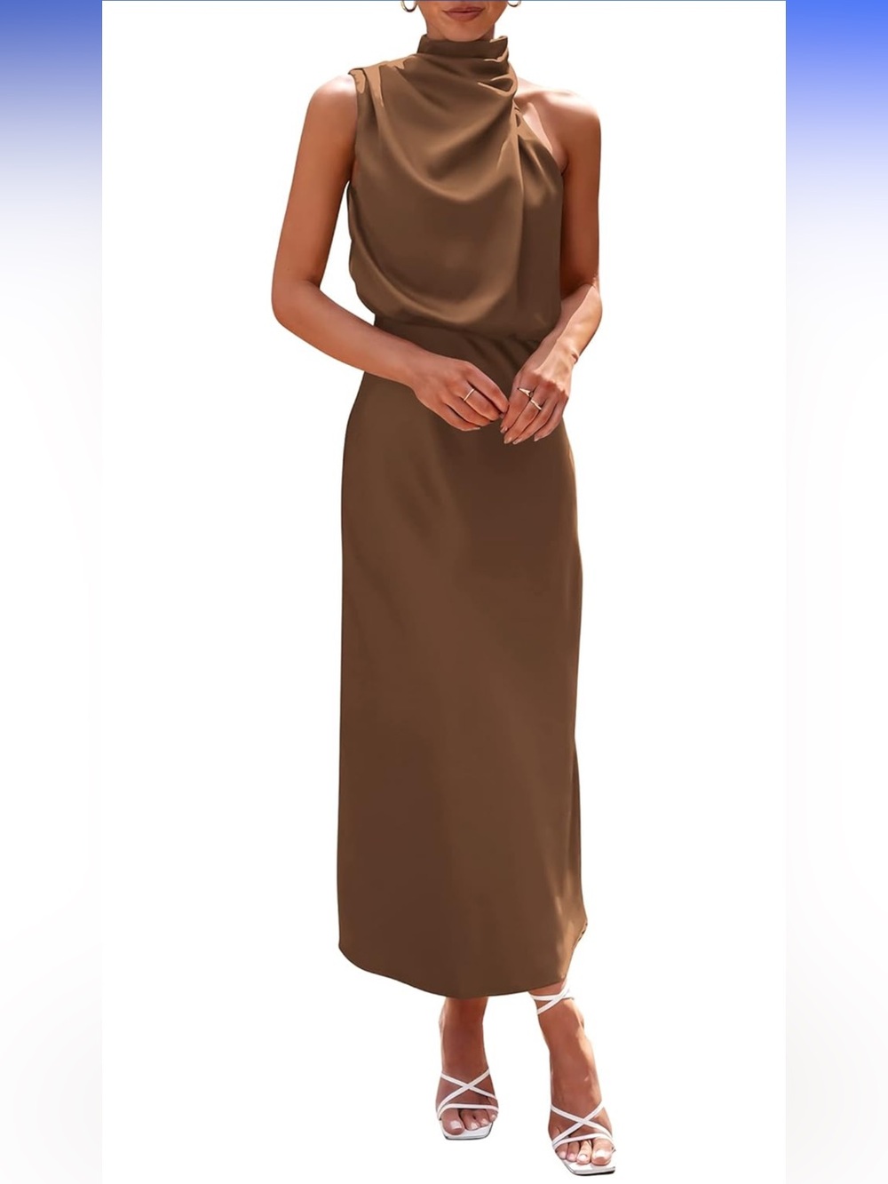 Brown Maxi Dress - Elegant, Asymmetrical, Wedding Guest
